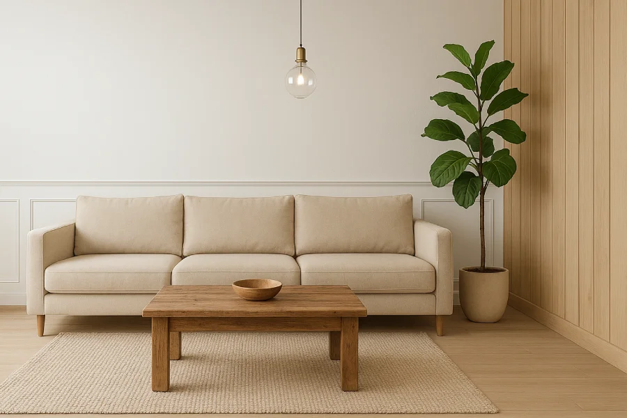 desain ruang keluarga minimalis Kayu Hangat Natural