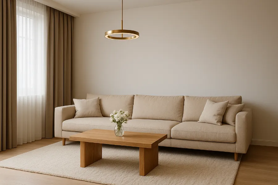 desain ruang keluarga minimalis elegan Krem Hangat Natural