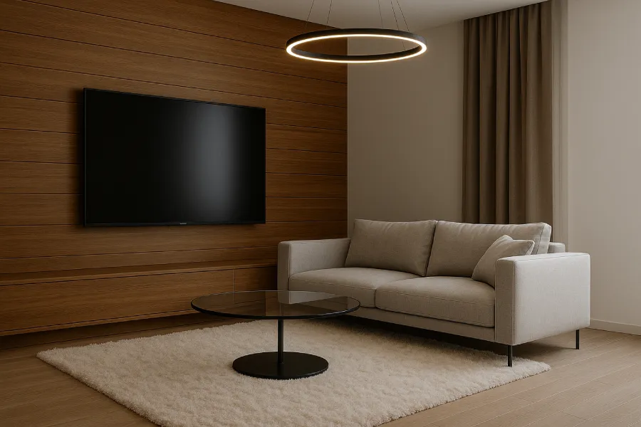 desain ruang keluarga minimalis elegan Panel Kayu Aksen