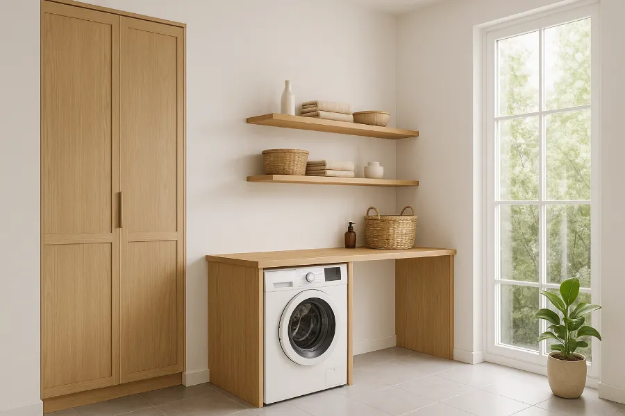 desain ruang laundry japandi Kayu Terang