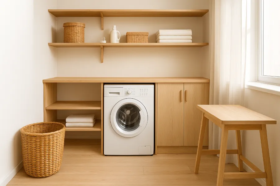 desain ruang laundry japandi Rak Terbuka