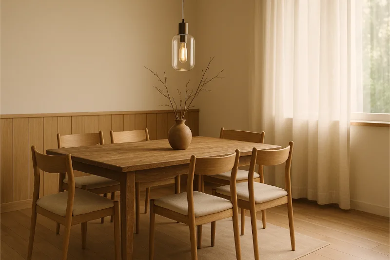 desain ruang makan japandi Hangat Natural