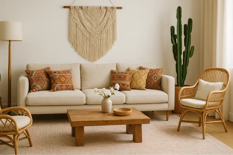 inspirasi desain interior ruang tamu Bohemian Natural