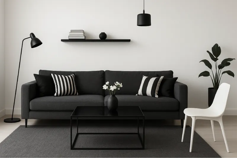 inspirasi desain interior ruang tamu Monokrom Modern Elegan