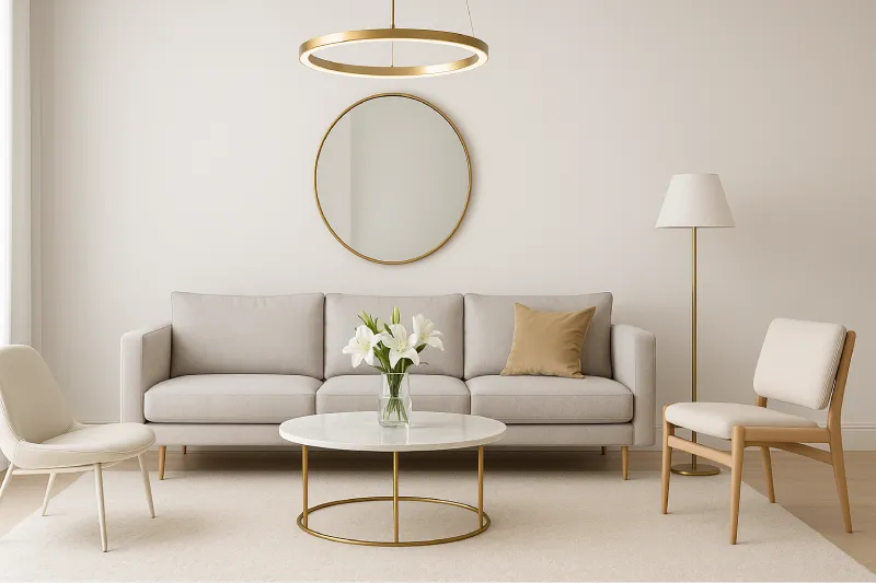 inspirasi desain interior ruang tamu Sentuhan Emas Elegan