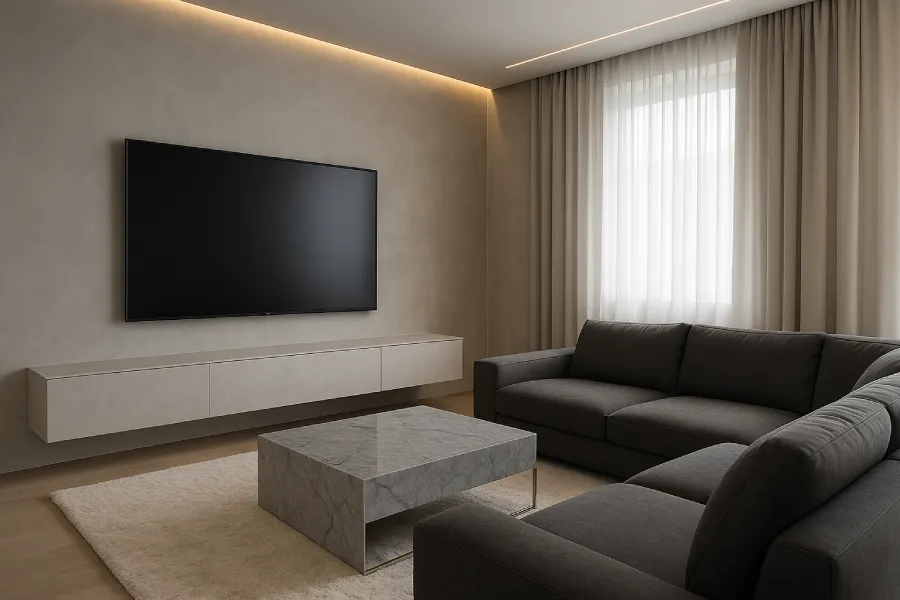 ruang tv dengan gaya minimalis mewah Abu Modern