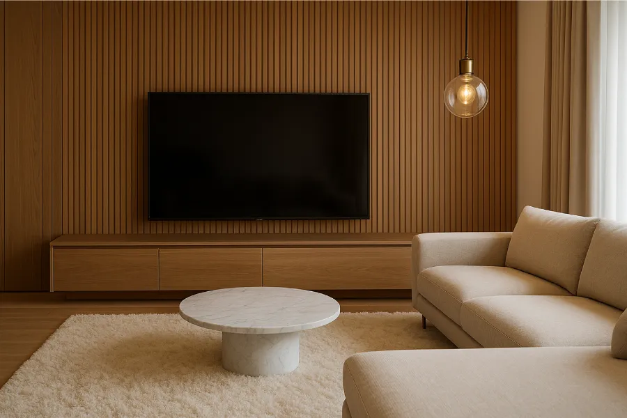 ruang tv dengan gaya minimalis mewah Hangat Alami