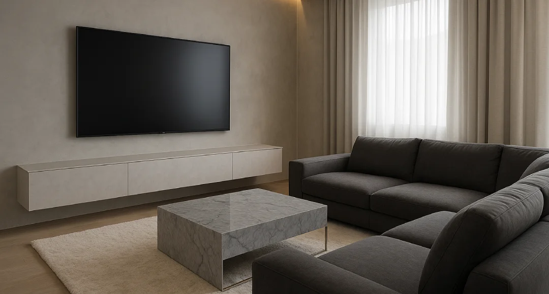 ruang tv dengan gaya minimalis mewah abu abu