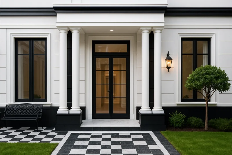 tampilan depan desain rumah klasik modern Hitam Putih