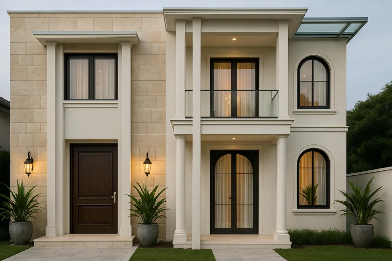 tampilan depan desain rumah klasik modern Krem Natural