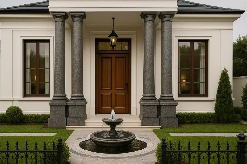 tampilan depan desain rumah klasik modern Pilar Granit