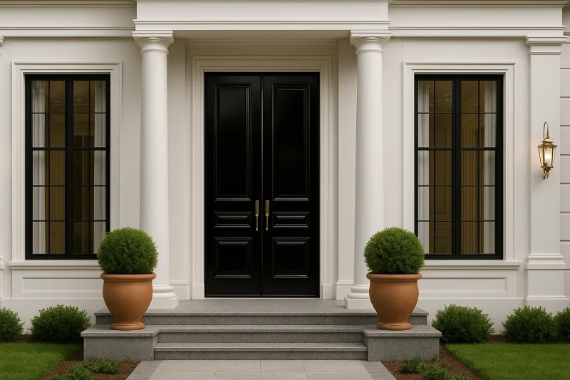 tampilan depan desain rumah klasik modern Pintu Hitam