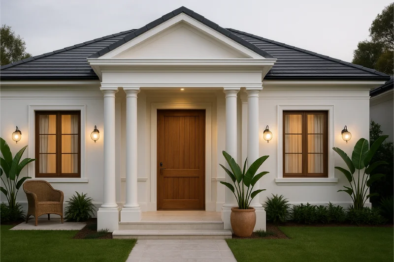 tampilan depan desain rumah klasik modern Tropis Hangat