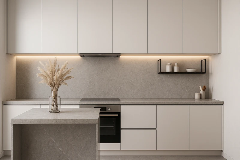 Desain Dapur Minimalis 3x2 Marmer Abu Elegan