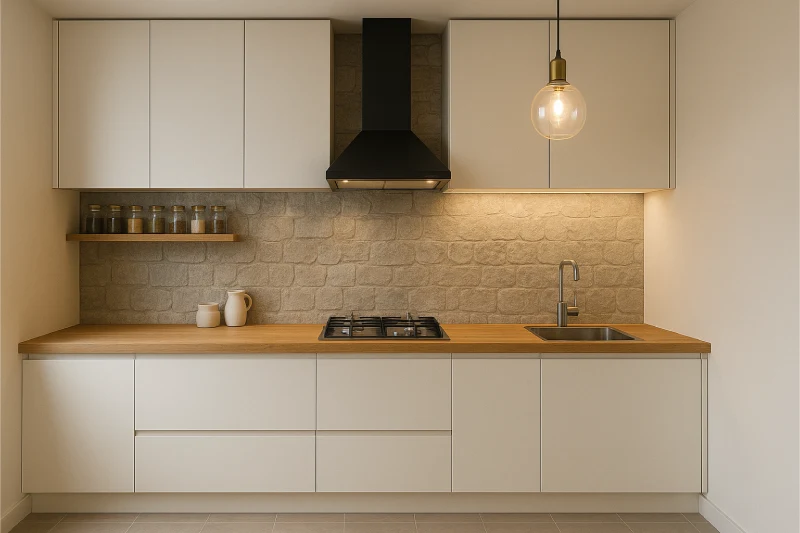 Desain Dapur Minimalis 3x3 Aksen Batu Alam