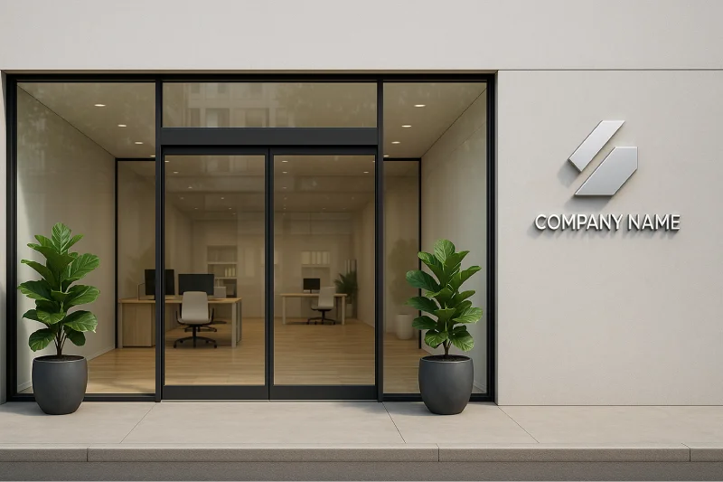 desain kantor minimalis tampak depan Fasad Kaca Modern