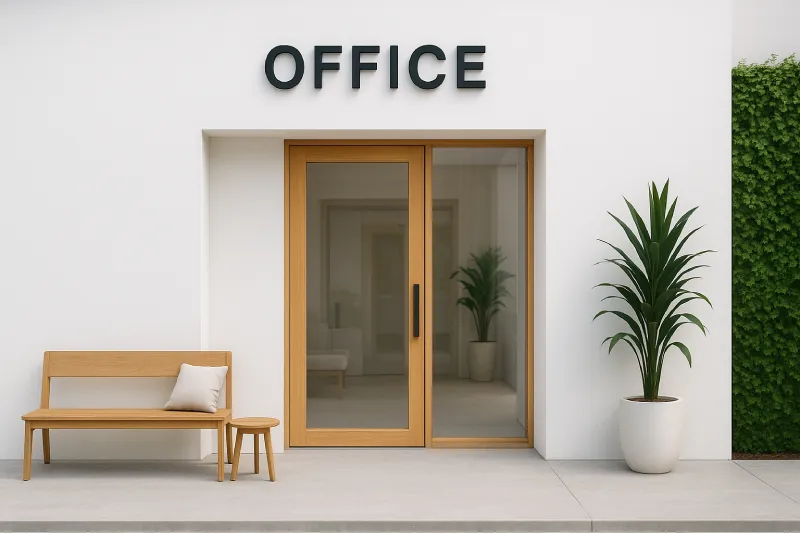 desain kantor minimalis tampak depan Fasad Putih Bersih