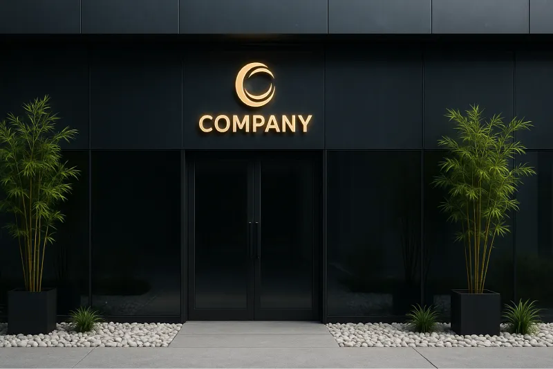 desain kantor minimalis tampak depan Kaca Hitam Reflektif