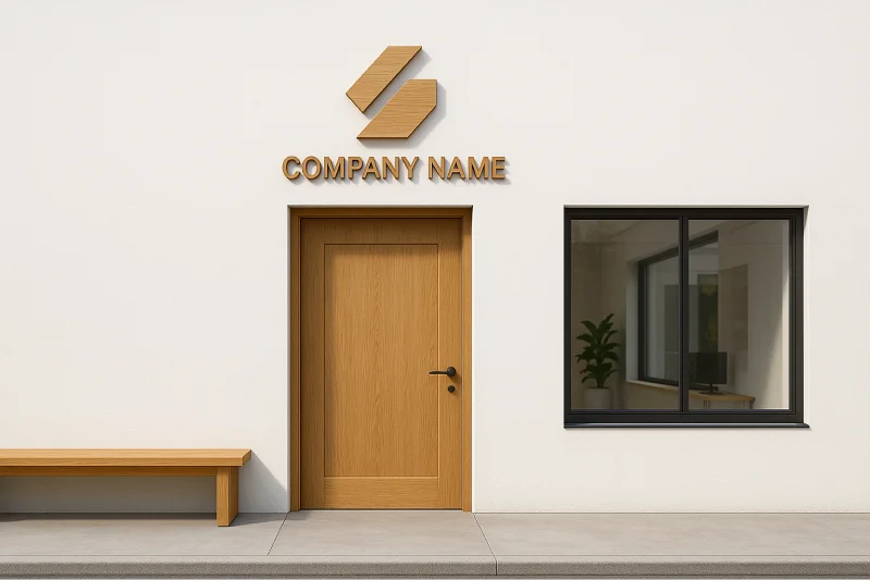 desain kantor minimalis tampak depan Logo Kayu Natural