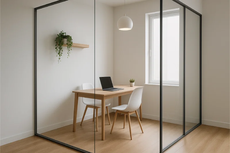 desain ruang kantor kecil minimalis dengan Dinding Kaca