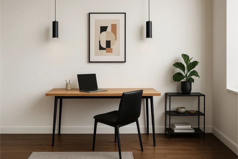 desain ruang kantor kecil minimalis dengan Lampu Gantung