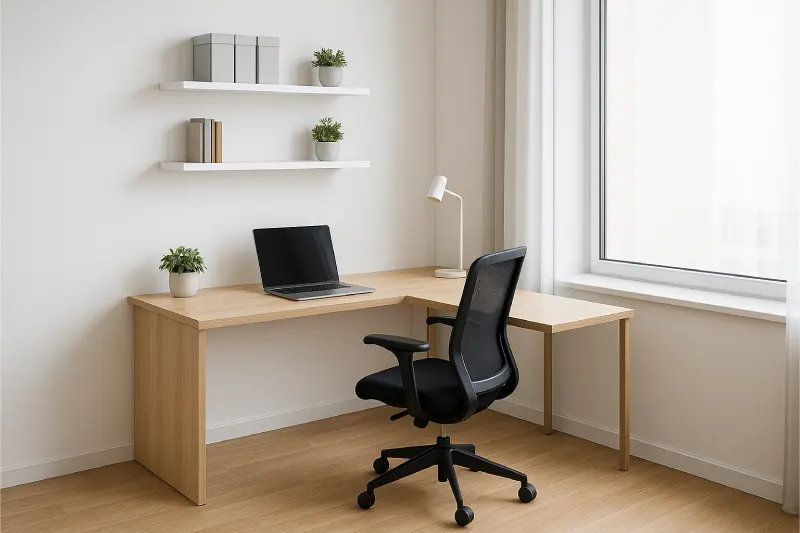 desain ruang kantor kecil minimalis dengan Meja Sudut