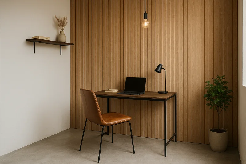 desain ruang kantor kecil minimalis dengan Panel Kayu