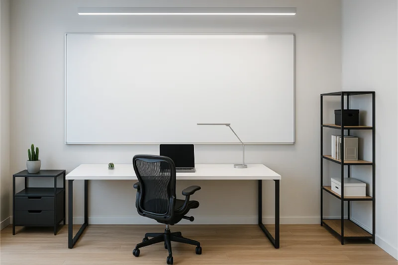 desain ruang kantor kecil minimalis dengan Papan Tulis