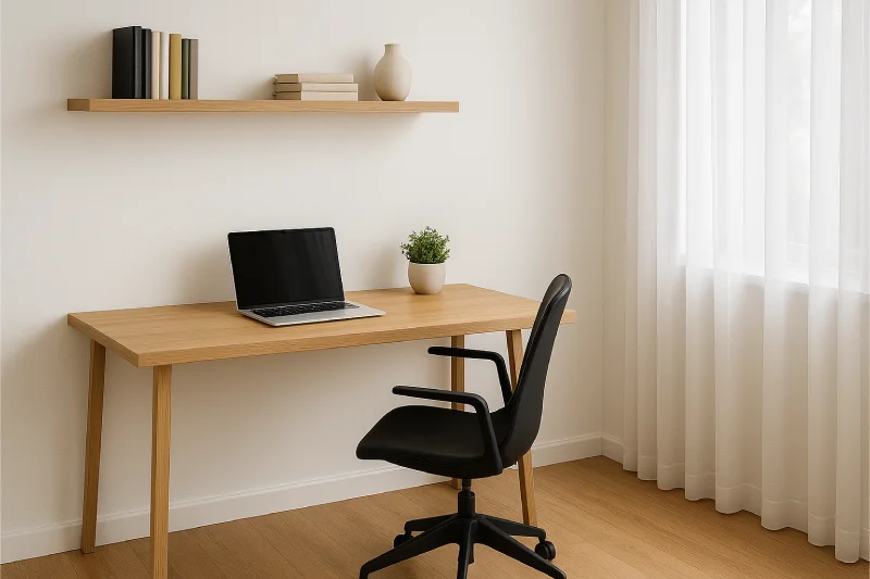 desain ruang kantor kecil minimalis dengan Rak Gantung