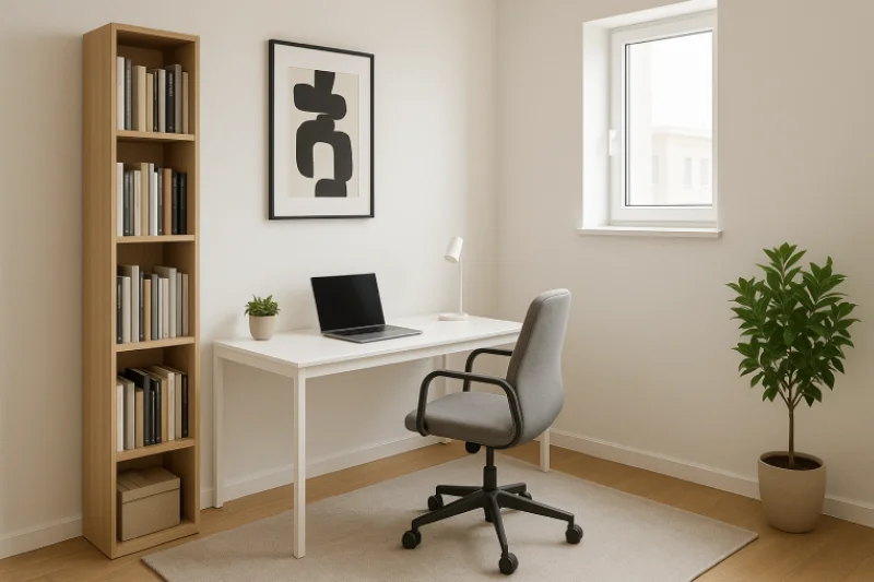 desain ruang kantor kecil minimalis dengan Rak Vertikal