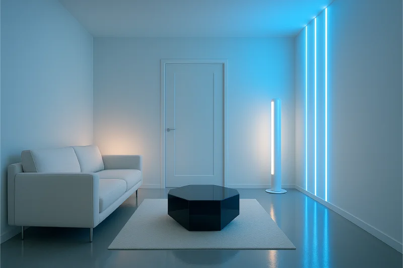 desain ruang tamu 3x3 pintu tengah Futuristik Modern