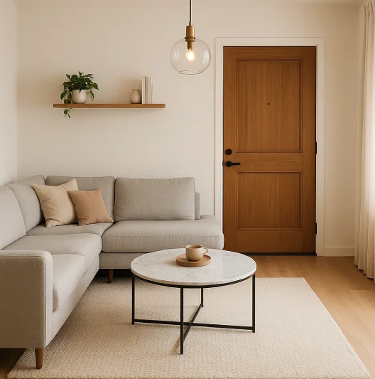 desain ruang tamu 3x3 pintu tengah Hangat Minimalis