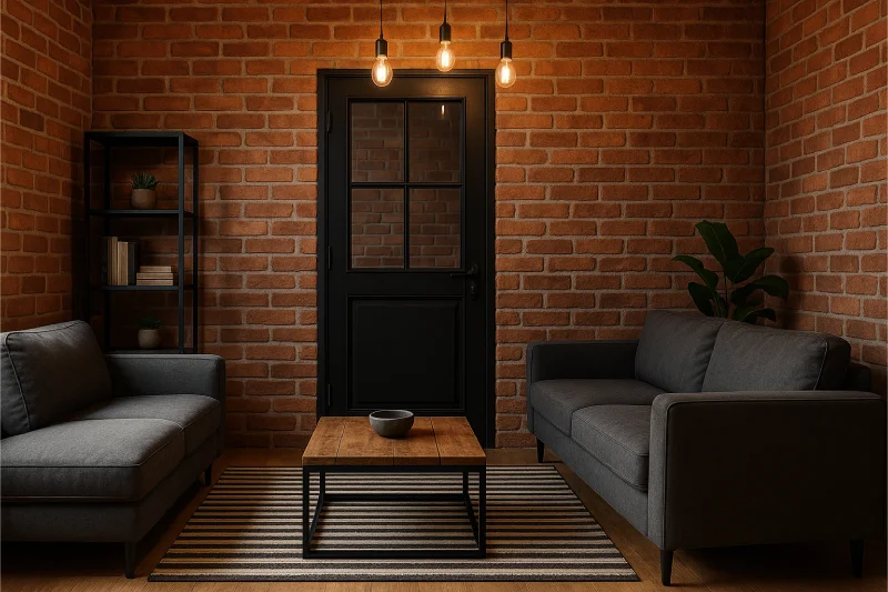 desain ruang tamu 3x3 pintu tengah Industrial Urban