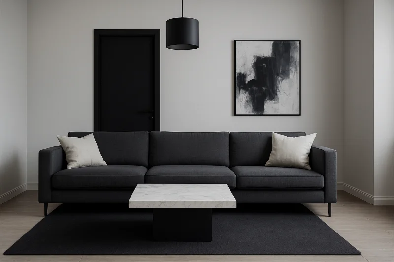 desain ruang tamu 3x3 pintu tengah Monokrom Elegan