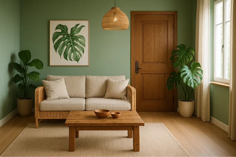 desain ruang tamu 3x3 pintu tengah Nuansa Tropis