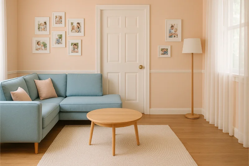 desain ruang tamu 3x3 pintu tengah Pastel Ceria