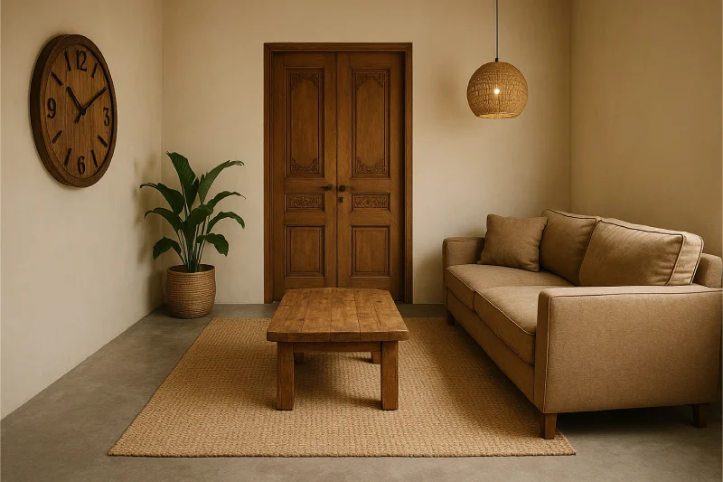 desain ruang tamu 3x3 pintu tengah Rustic Alami