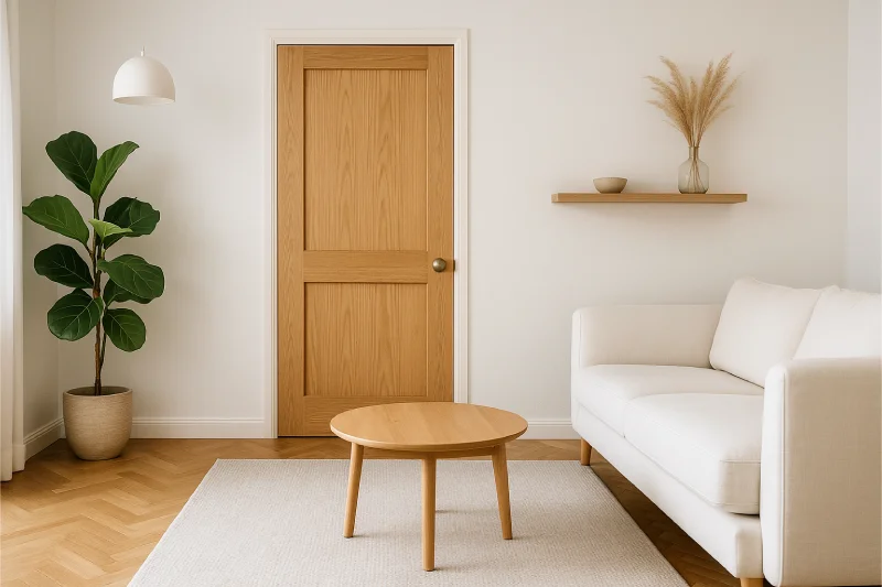 desain ruang tamu 3x3 pintu tengah Skandinavia Natural