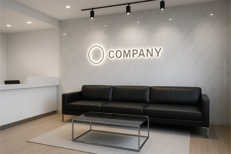 desain ruang tunggu kantor Monokrom Elegan