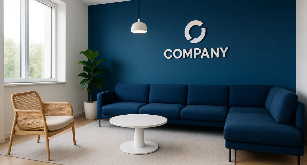 desain ruang tunggu kantor biru nyaman