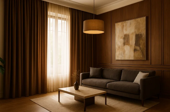 Desain gorden jendela ruang tamu modern Cokelat Klasik Intim