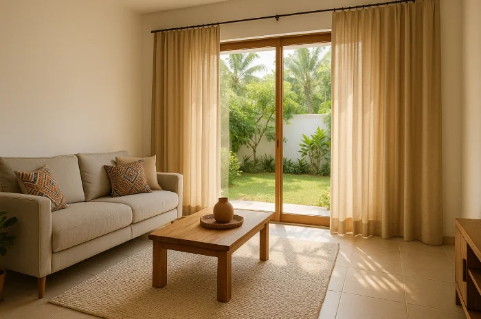 Desain gorden jendela ruang tamu modern Emas Hangat Elegan
