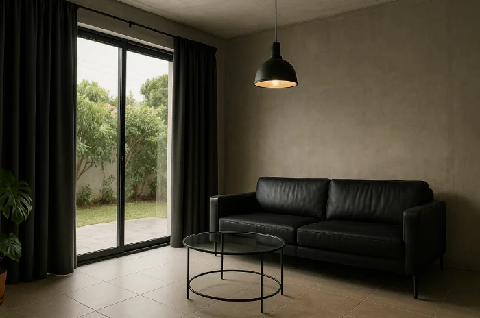 Desain gorden jendela ruang tamu modern Hitam Maskulin Modern