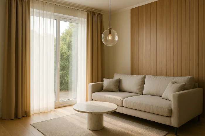 Desain gorden jendela ruang tamu modern Layering Krem Lembut