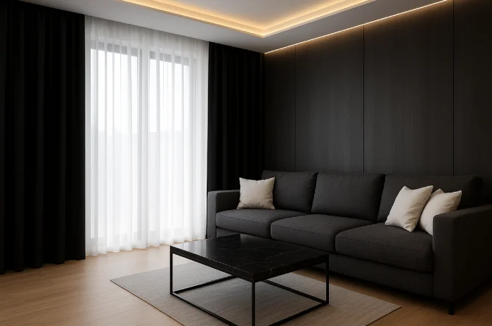 Desain gorden jendela ruang tamu modern Monokrom Mewah Dramatis