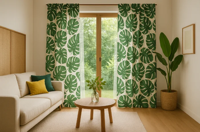 Desain gorden jendela ruang tamu modern Motif Daun Tropis