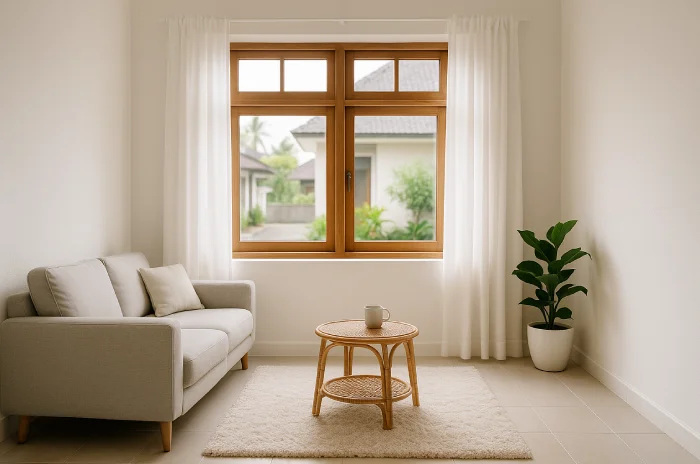 Desain gorden jendela ruang tamu modern Putih Vitrase Ringan