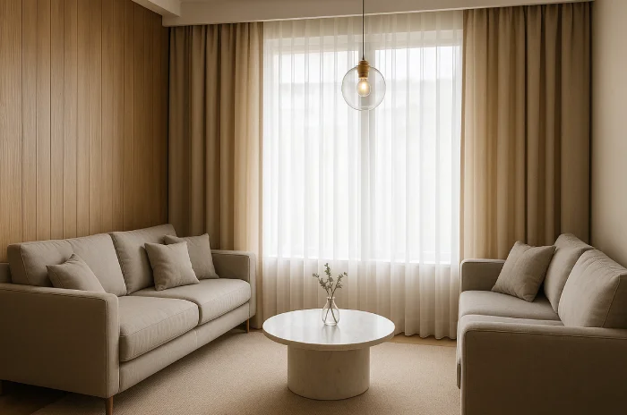 Desain gorden jendela ruang tamu modern Taupe Senada Sofa