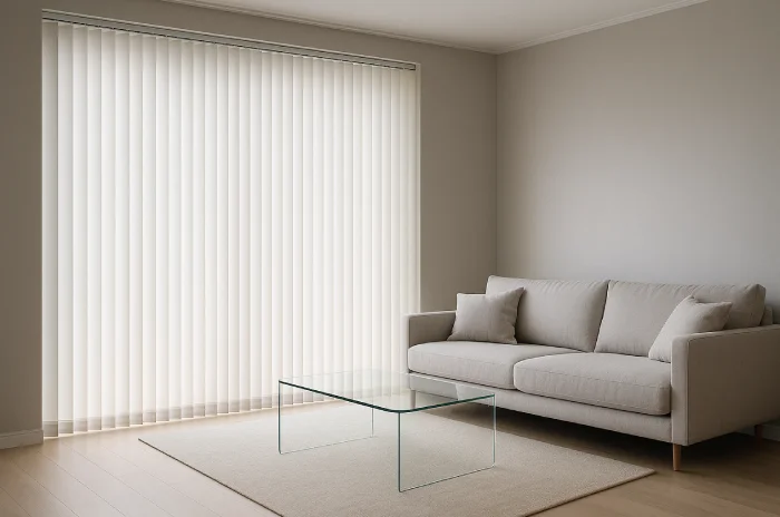 Desain gorden jendela ruang tamu modern Vertical Blind Putih