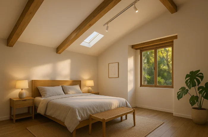 Plafon kamar tidur minimalis sederhana Balok Kayu Ekspos_